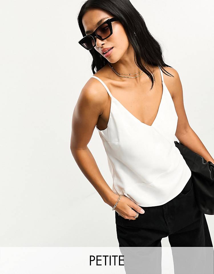 River Island Petite asymmetric satin cami top in white